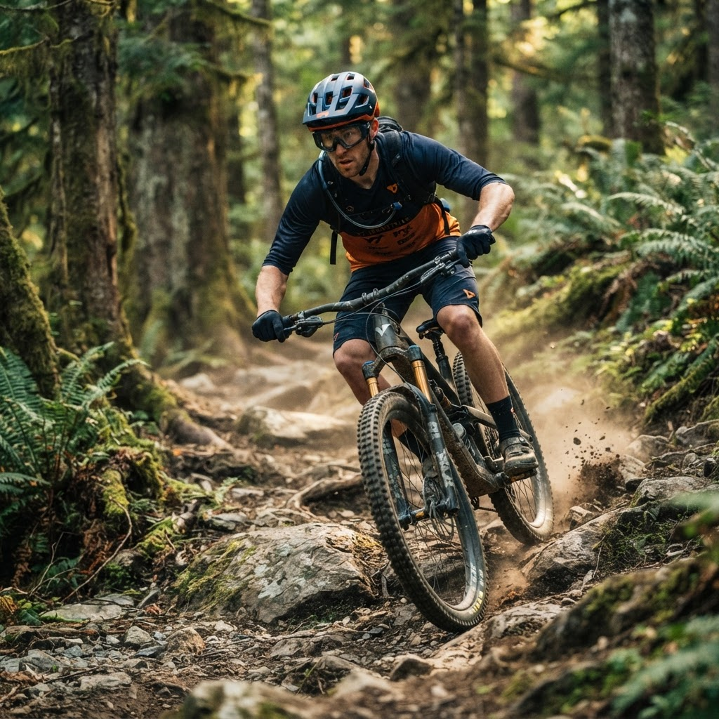 Ciclista de mountain bike em trilha de floresta