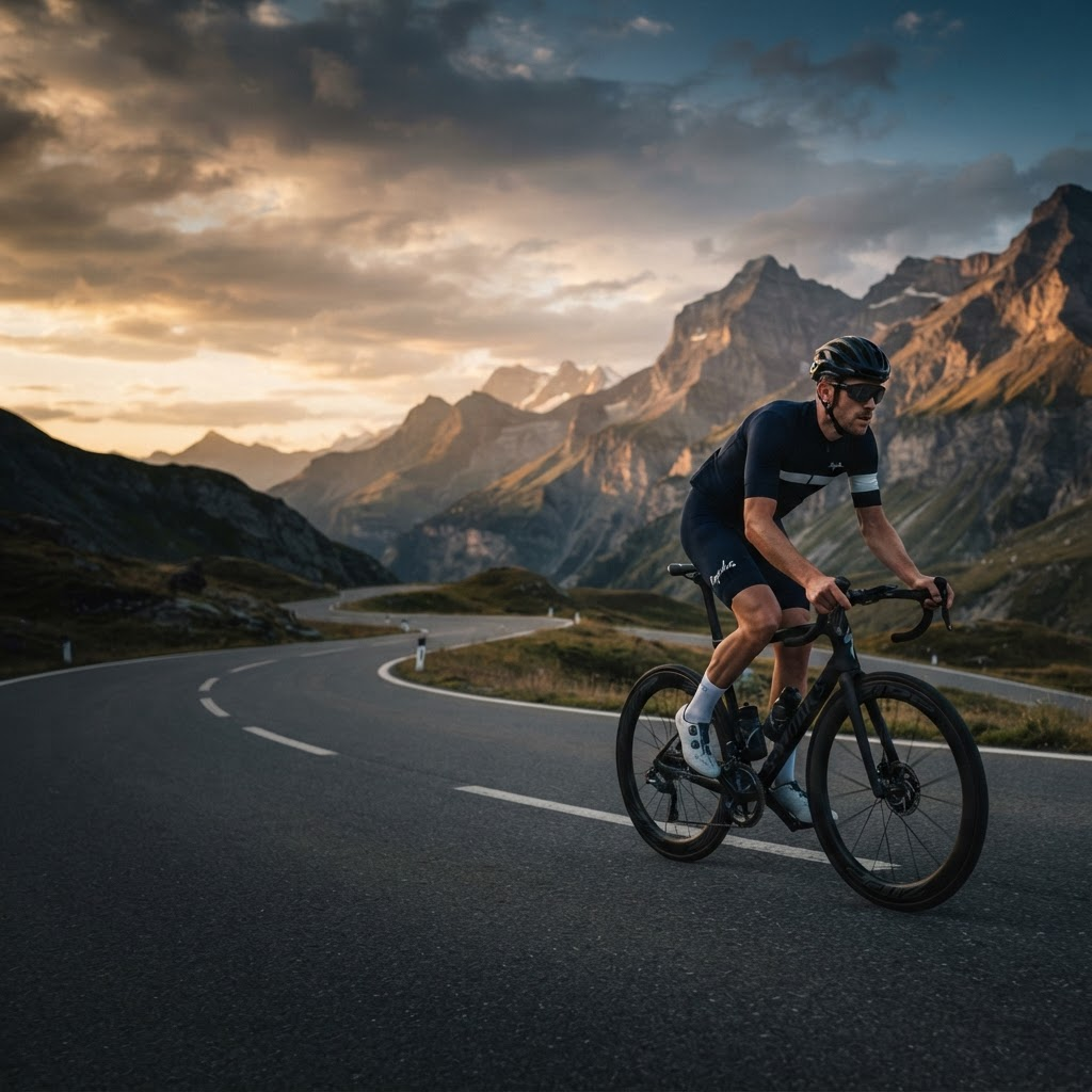 Ciclista pedalando uma bicicleta de estrada premium ao pôr do sol